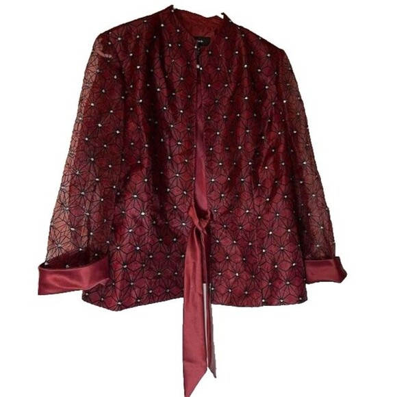 R&M Richards Evening Jacket Sz 14 Burgundy Black Rhinestone Retro Glam Holiday - Picture 2 of 7